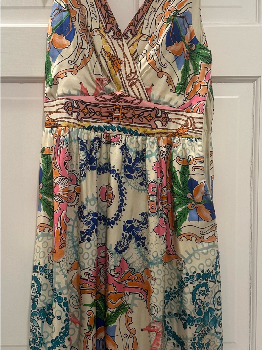 Printed Anthropologie V-Neck Dress in Cream with Multi-Color Floral Motif sz 2